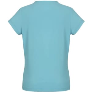 A light blue women's short sleeve top with a simple design and a logo on the back.