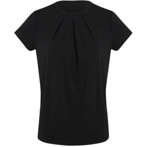 A black short sleeve top with a pleat detail at the front and a round neckline. Features brand logo.