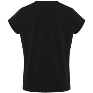 A black short sleeve top with a rounded neckline and a plain back. It features a logo on the label.