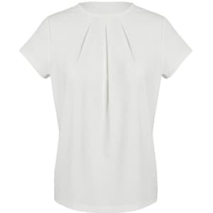 A short sleeve top in a light neutral colour with a pleated design at the front. It features a logo.