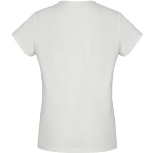 A white women's short sleeve top with a simple design, featuring a back view and no visible branding.