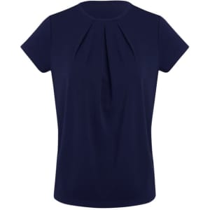 A navy short sleeve top featuring a pleat detail at the front and a round neck. It has a simple design with a logo.