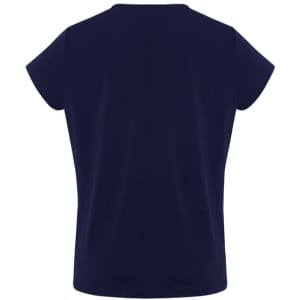 A navy women's short sleeve top featuring a simple design and cap sleeves, with a logo present.