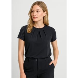 A black short sleeve women's top features pleats at the neckline, paired with tailored trousers. The image includes a logo.
