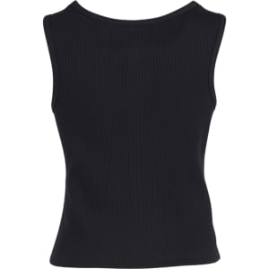 A black women's peaked vest with a ribbed texture, featuring a sleeveless design and a fitted silhouette.