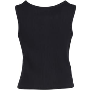 A black women's sleeveless vest featuring a fitted design and a rounded neckline. It has a logo on the back.