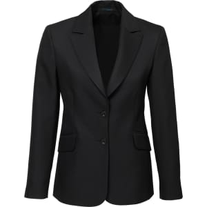 A black longline jacket with a notched lapel, two-button front, and two pockets. Features a logo on the inner label.