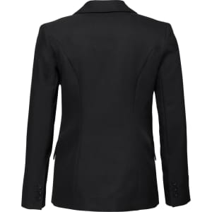 A women's black longline jacket with a tailored fit and button detail on the sleeves, featuring a logo.