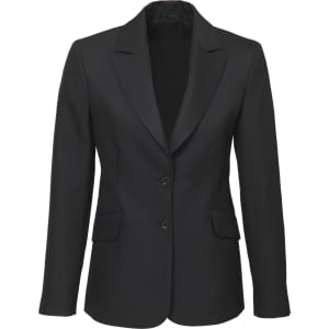 A black longline jacket with a notched lapel, featuring two front pockets and a single-button closure. It has a logo.