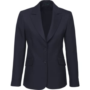 A navy women's longline jacket with a notched collar and two front pockets. It features a logo on the interior.