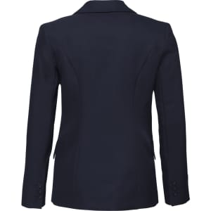 A navy longline jacket featuring a fitted design and buttoned cuffs, with a logo on the back.