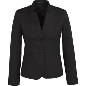 A black women's cool stretch short jacket featuring a reverse lapel and two buttons at the front.