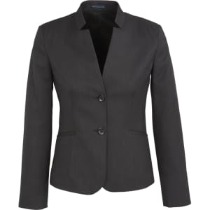 A dark grey women's cool stretch short jacket with a reverse lapel and two buttons, featuring a logo.