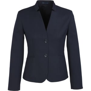 A women's short jacket in navy with a reverse lapel and two front buttons, featuring a simple design and branding.