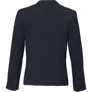 A women's black short jacket with a reverse lapel and long sleeves, featuring a buttons detail on the sleeves.