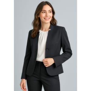 A navy women's cool stretch short jacket with reverse lapel, featuring two buttons and styled with a white top.