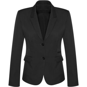 A black mid-length women's blazer featuring a two-button front and structured design. It has pockets and a logo.