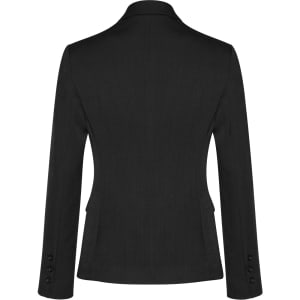 A mid-length women's jacket in black, featuring a two-button front and long sleeves, with a subtle texture.
