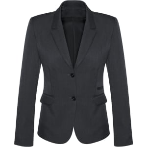 A women's mid-length jacket in dark grey, featuring a two-button design and tailored pockets.