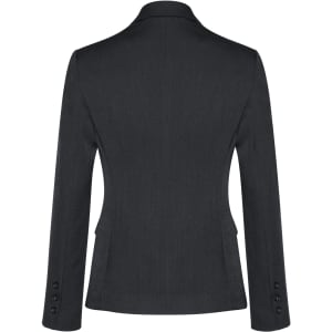 A women's mid-length jacket in dark grey with a tailored fit, featuring a two-button design and a logo.