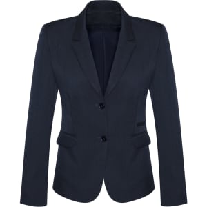 A dark navy women's mid-length jacket featuring a two-button front, notch lapels, and a fitted silhouette.