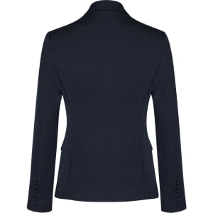 A dark navy mid-length women's blazer with a two-button closure and long sleeves, featuring a logo.