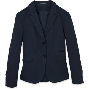 A mid-length jacket in dark navy blue featuring two buttons and a notched collar, with a tailored fit.