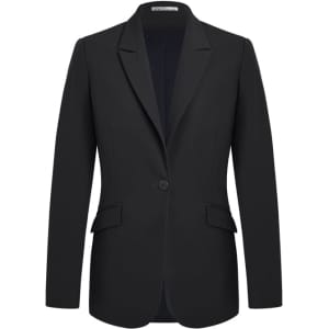 A black longline jacket with a single button front, featuring two side pockets and a tailored fit.