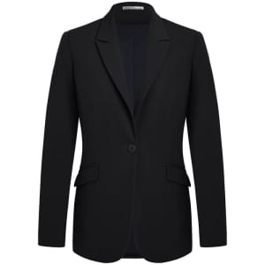 A black longline blazer with a single button and two front pockets. The jacket has a modern, tailored style.