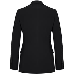 A black longline blazer with a tailored fit, featuring long sleeves and a sleek design, viewed from the back.