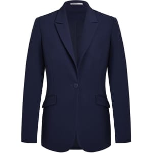 A navy longline blazer jacket with a single button closure and two front pockets. It features a lapel collar and a tailored fit.