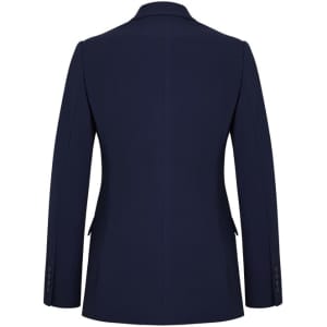 A navy women's longline jacket featuring a tailored back design and a single vent. The jacket has branding details.