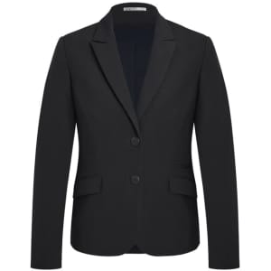 A black mid-length jacket with a notched lapel, featuring two front buttons and side pockets.