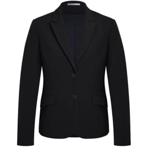 A black mid-length women's jacket featuring a notched collar and two front buttons, with side pockets.