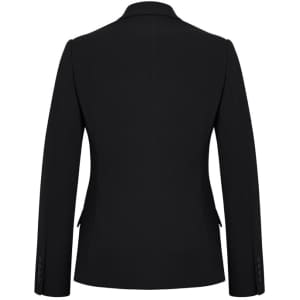 A black mid-length jacket with long sleeves and a tailored back design. It features a logo on the fabric.