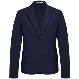 A navy mid-length women's jacket with a notched lapel and two-button closure, featuring two side pockets and a branding logo.