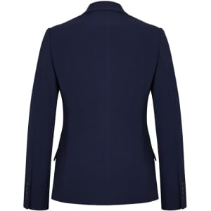 A navy mid-length women's jacket with a fitted design and long sleeves, featuring buttons on the cuffs.