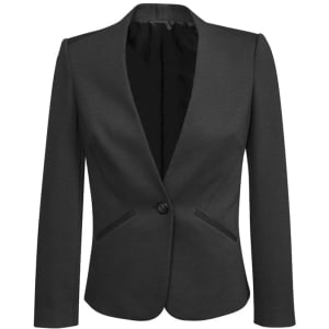 A black collarless blazer featuring a single button and front pockets, with a sleek tailored design.