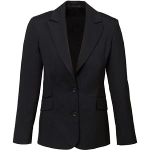 A black longline jacket with a notched lapel, two front pockets, and a fitted design. It features a logo on the inside.