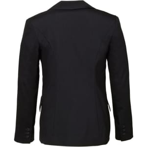 A black women's longline jacket, featuring a tailored fit and buttons on the sleeves. It includes a logo.