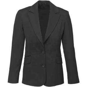 A black longline jacket with a tailored fit, featuring two front pockets and a single button closure.