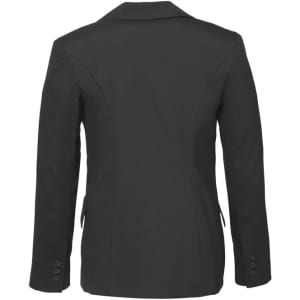 A black wool stretch longline jacket with a fitted silhouette, featuring a collar and button details on the sleeves.