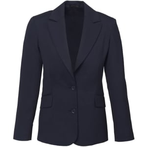 A navy women's comfort wool stretch longline jacket with a classic lapel and two front pockets.