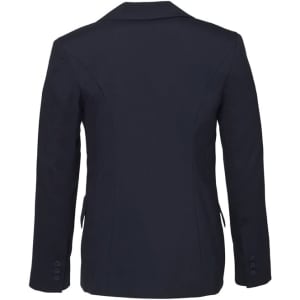 A women's longline jacket in dark navy with a fitted design and button details on the sleeves. It features a logo.