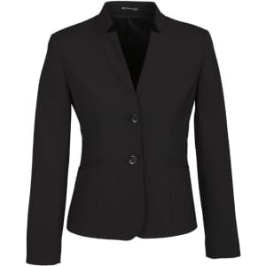 A black women's comfort wool stretch short jacket with a reverse lapel and two buttons, featuring a sleek design.