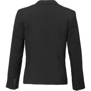 A women's black wool stretch short jacket with a reverse lapel and long sleeves, featuring buttoned cuffs.