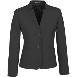 A black women's comfort wool stretch short jacket with reverse lapel and two buttons, featuring a subtle logo.