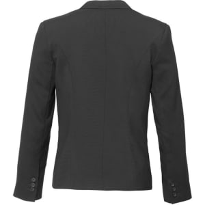 A black women's comfort wool stretch short jacket with reverse lapel, featuring long sleeves and buttons on the cuffs.