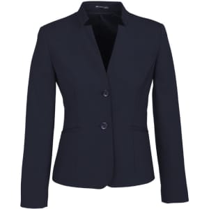 A women's navy wool stretch short jacket featuring a reverse lapel and two buttons, with a logo on the interior.