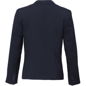 A women's short jacket in navy blue with a reverse lapel and long sleeves, featuring a buttoned cuff.